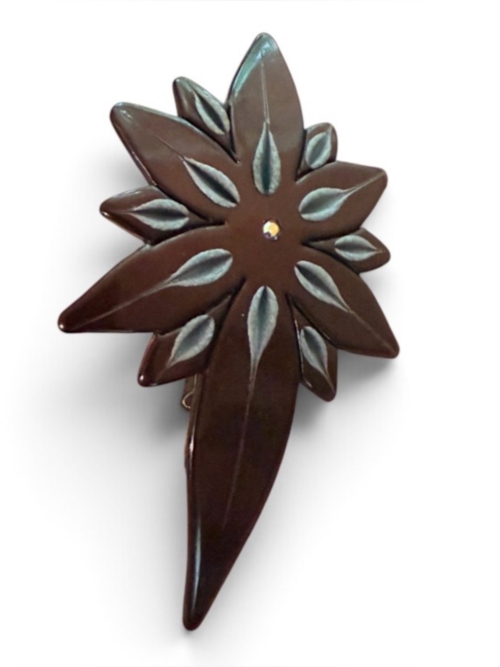 1970’s Hand Carved French Barrette w a Floral Motif in Brown, 3.1” Long, Unwon